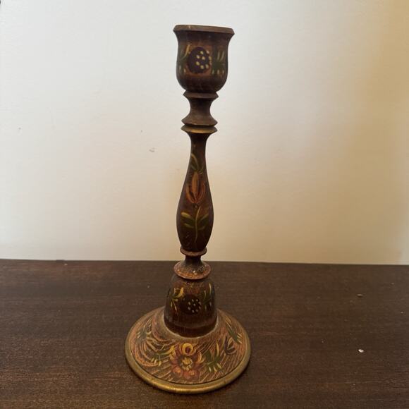 VTG Wooden Candle Stick Holder Hand Painted Floral Signed RH Primitive Folk Art - Picture 5 of 14